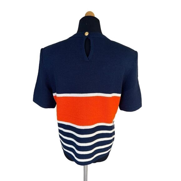 ST. JOHN WOMENS NAVY ORANGE AND GOLD SHORT SLEEVE SWEATER SIZE 10 - Picture 3 of 6